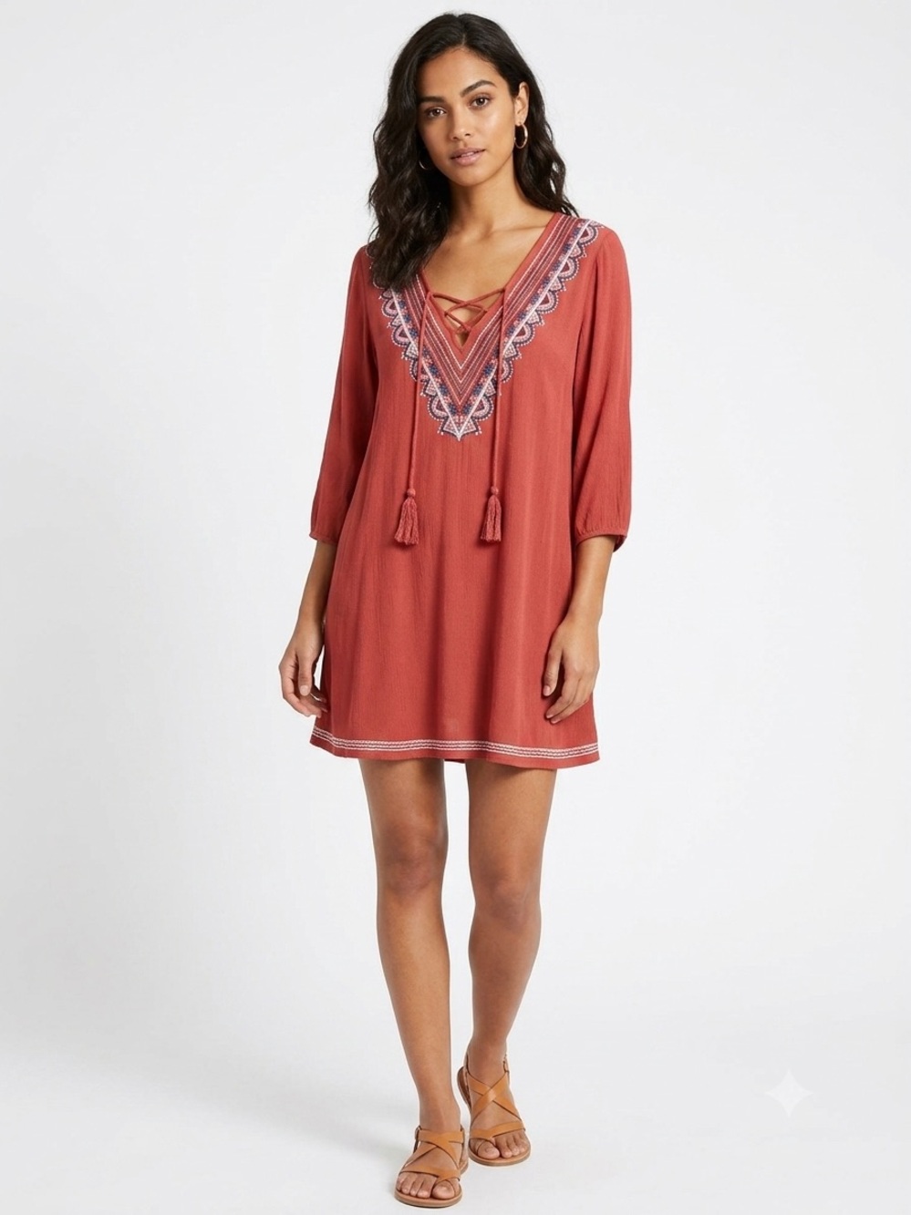 Forever 21 Boho Embroidered Lace-Up V-Neck Tunic Top - Rust